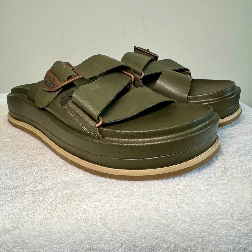 Chaco Womens Townes Slide Leather Sandals Olive Green Size 9 Buckle Chunky